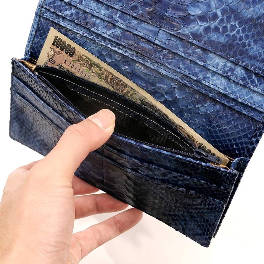 長財布 財布 メンズ レディース 長札 ロング ウォレットパイソン革 蛇革 へび革 通しまち型 小銭入れ付 藍染 絞り染め ２の画像