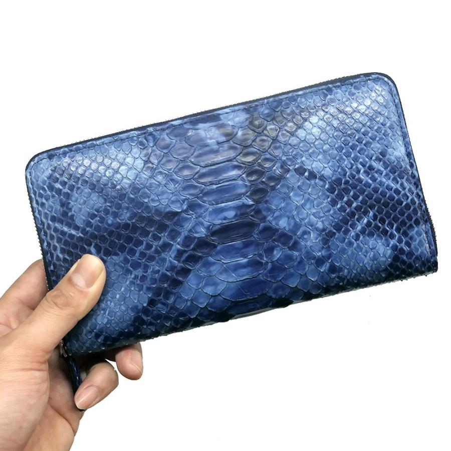 ラウンドファスナー長財布 ファスナー財布 本革 メンズ レディース パイソン革 大容量 蛇革 ヘビ革 ダイヤモンドパイソン 藍染 絞り染めの画像