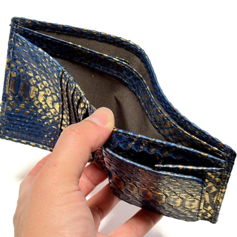 パイソン 財布 二つ折り 本革 日本製 ワニ革 メンズ レディース 折り財布 ボックス型小銭入れ リーフ 藍染め 高級 レザー ギフト プレゼントの画像