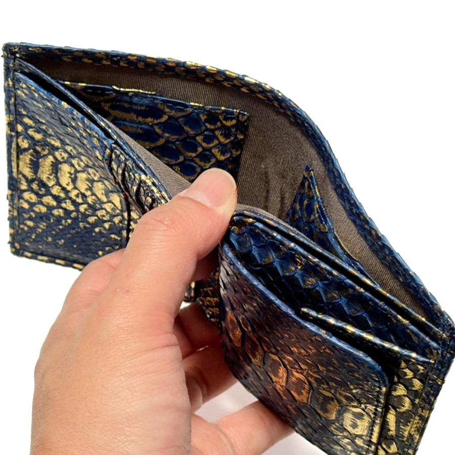 パイソン 財布 二つ折り 本革 日本製 ワニ革 メンズ レディース 折り財布 ボックス型小銭入れ リーフ 藍染め 高級 レザー ギフト プレゼントの画像
