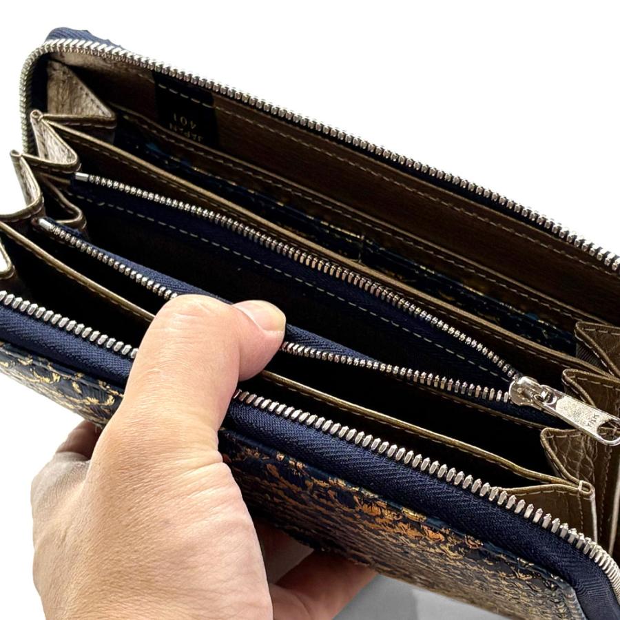 長財布 ラウンドファスナー財布 メンズ レディース 財布 サイフさいふ 長札 大容量 本革 パイソン リーフ 藍染の画像