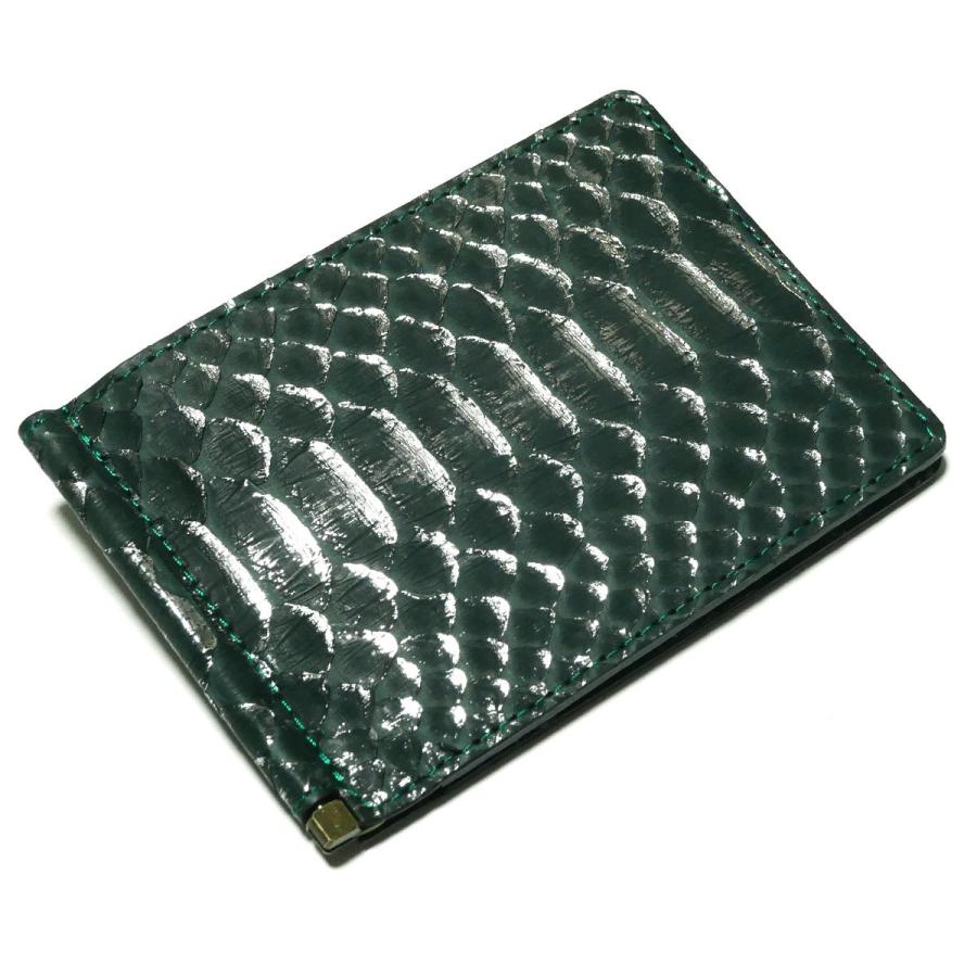 札ばさみ マネークリップ レザー パイソン革 ヘビ革 ダイヤモンドパイソン リーフグリーン 全２色 シルバー/ゴールド ヘビ革