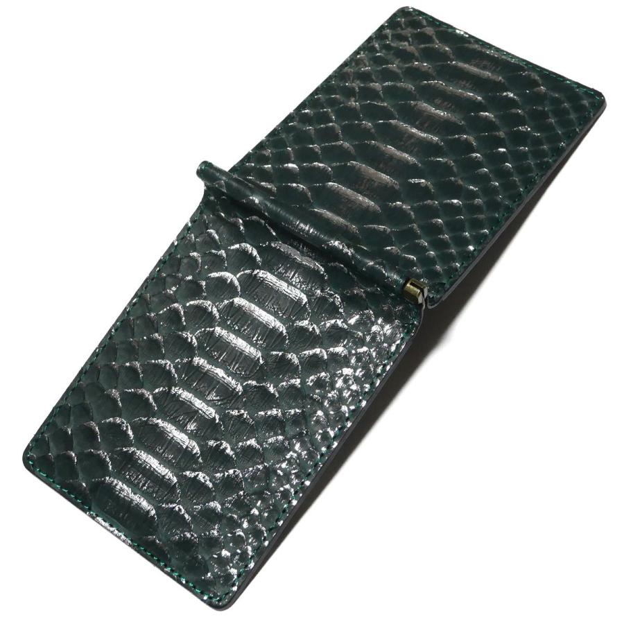 札ばさみ マネークリップ レザー パイソン革 ヘビ革 ダイヤモンドパイソン リーフグリーン 全２色 シルバー/ゴールド ヘビ革