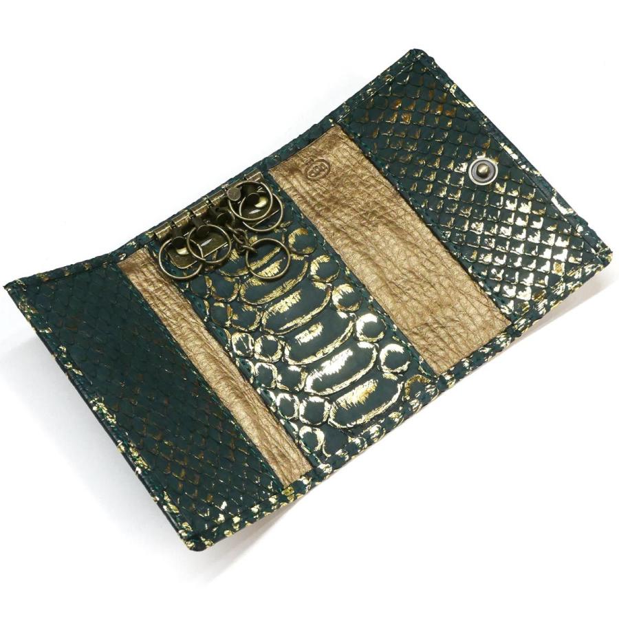 キーケース キーホルダー ダイヤモンド パイソン革 ヘビ革 牛革 5連金具 リーフグリーン キーケース キーホルダー ダイヤモンド パイソン革 ヘビ革 牛革 5連