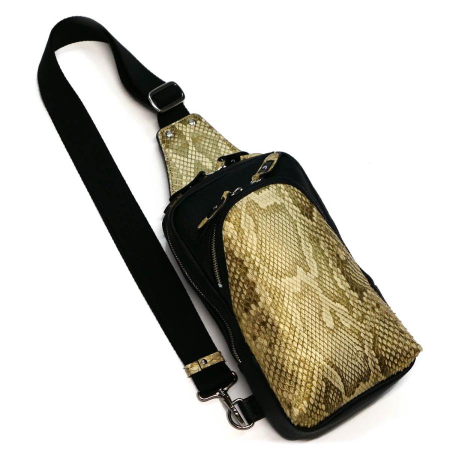 ボディバッグ メンズ レザー ショルダーバッグ 斜めがけ / 縦型 大容量 / 本革 パイソン革 蛇革 / モラレスパイソン パール ゴールド 2 ボディバッグ メンズ レザー ショルダーバッグ 斜めがけ / 縦型 大容量