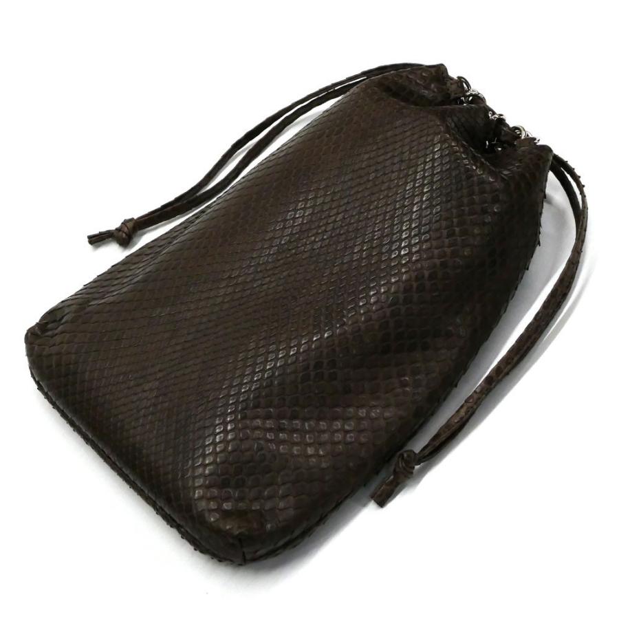 合切袋 巾着 巾着袋 / パイソン革 蛇革 モラレスパイソン革 チョコ