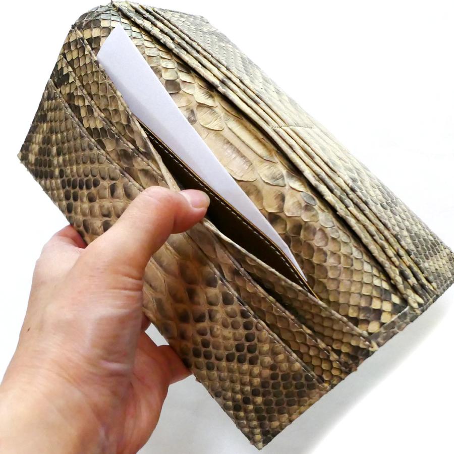 長財布 財布 サイフ メンズ レディース 薄型 長札 パイソン 蛇革 ヘビ革 レザー マチ無し 小銭入れ無し 日本製 マット ベージュの画像
