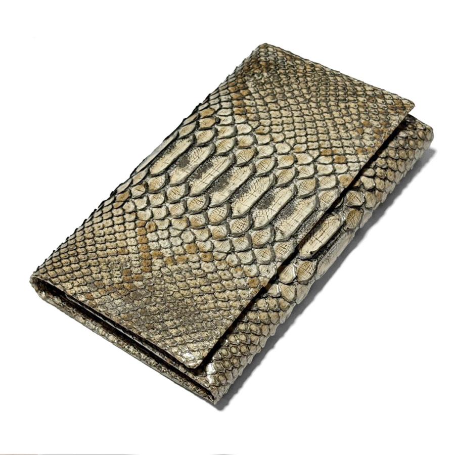 三つ折り財布 長財布 薄型 マチなし ファスナー収納 本革 パイソン革 ヘビ革 蛇革 python leather ラスター パスポート収納の画像