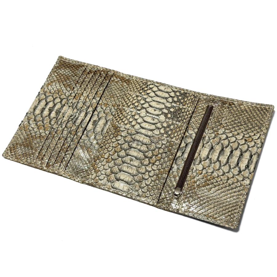 三つ折り財布 長財布 薄型 マチなし ファスナー収納 本革 パイソン革 ヘビ革 蛇革 python leather ラスター パスポート収納の画像
