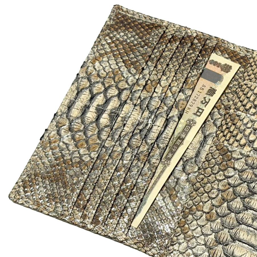 三つ折り財布 長財布 薄型 マチなし ファスナー収納 本革 パイソン革 ヘビ革 蛇革 python leather ラスター パスポート収納の画像