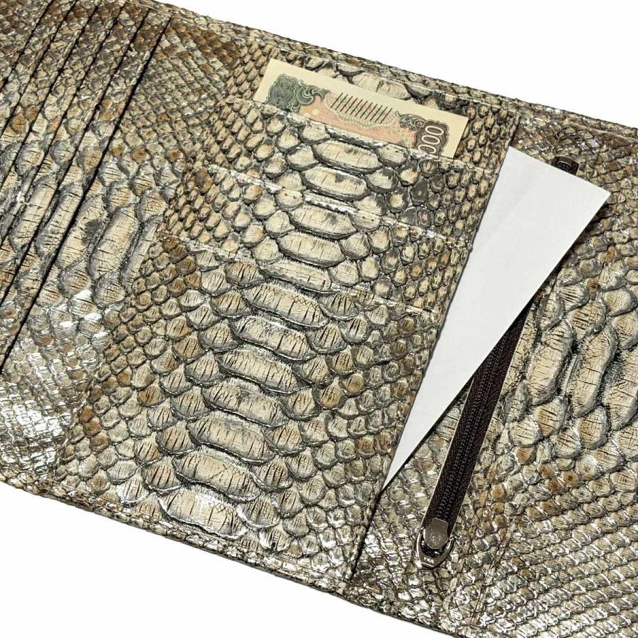 三つ折り財布 長財布 薄型 マチなし ファスナー収納 本革 パイソン革 ヘビ革 蛇革 python leather ラスター パスポート収納の画像