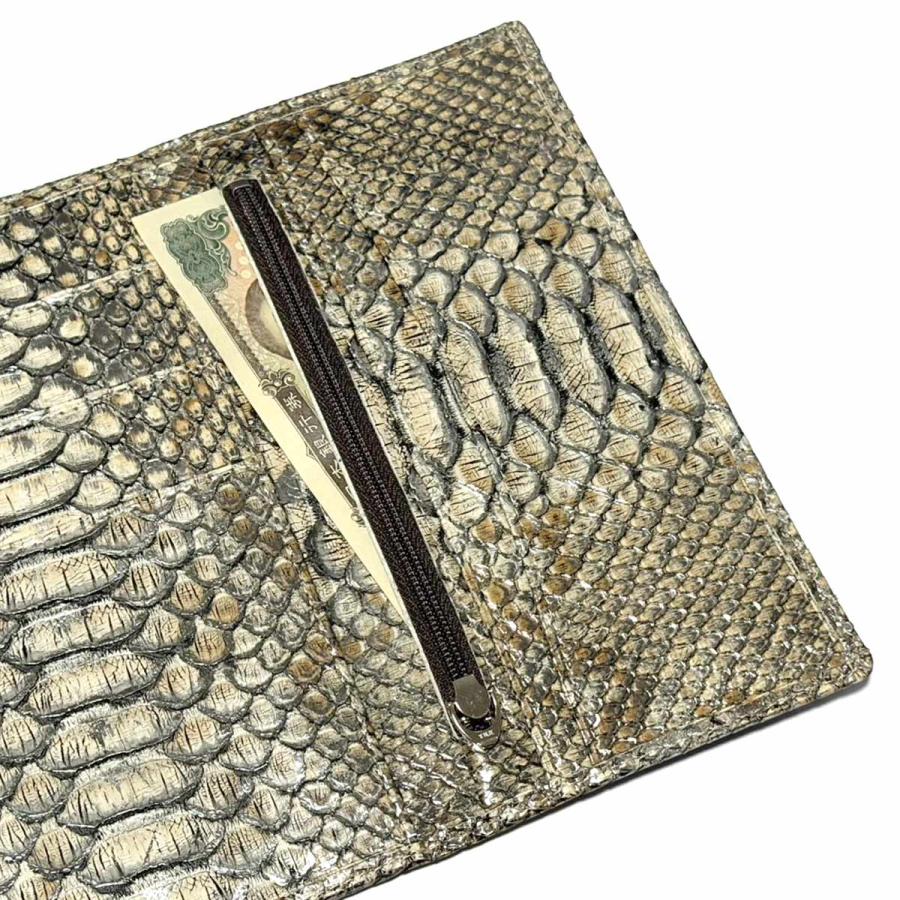 三つ折り財布 長財布 薄型 マチなし ファスナー収納 本革 パイソン革 ヘビ革 蛇革 python leather ラスター パスポート収納の画像