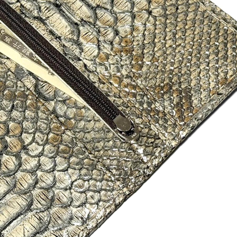 三つ折り財布 長財布 薄型 マチなし ファスナー収納 本革 パイソン革 ヘビ革 蛇革 python leather ラスター パスポート収納の画像