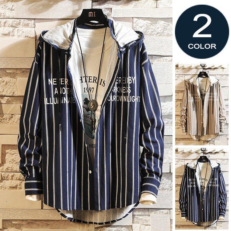 メンズストライプシャツカジュアルシャツシャツ秋服ビッグシルエット長袖シャツファッション 人気カラーの