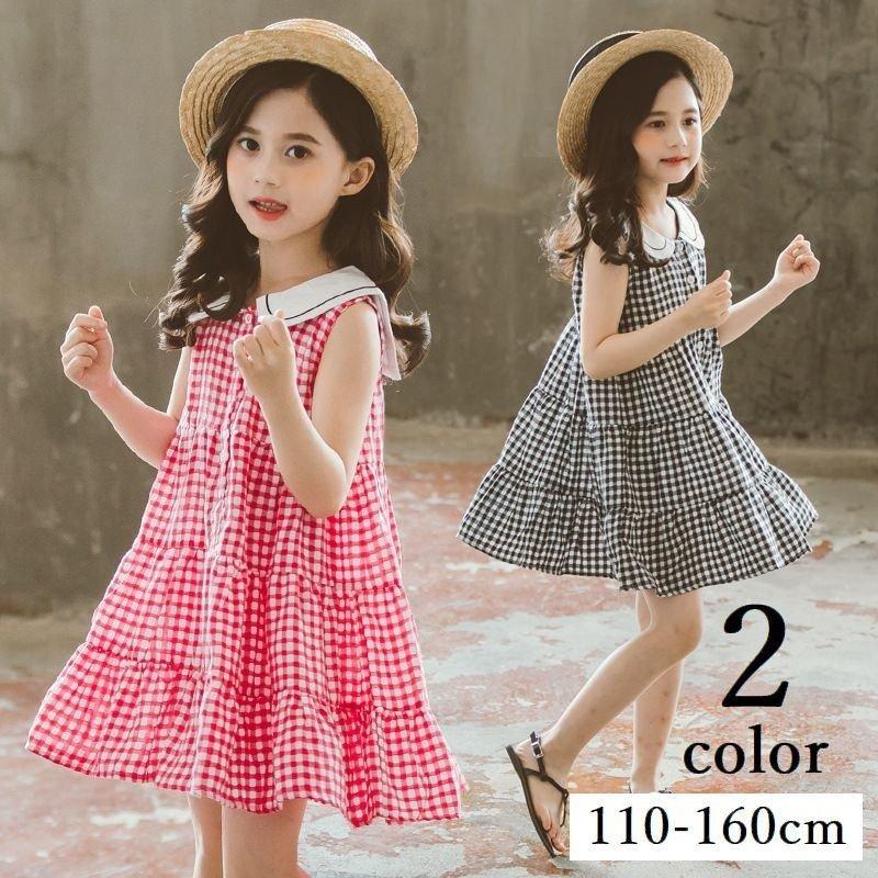 ワンピース キッズ ジュニア ノースリーブ ギンガムチェック 襟 セーラー風 ティアードワンピース ひざ上 ミニ丈 かわいい