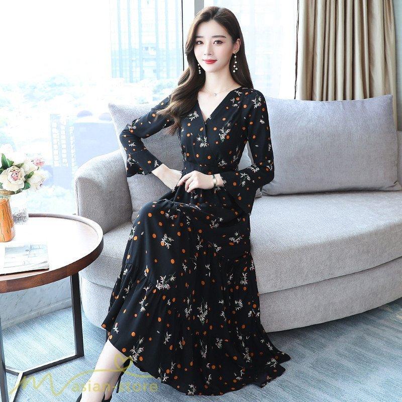 ワンピース ひざ下丈 長袖 Vネック カジュアル きれいめ 韓国ファッション カジュアルワンピース ロングワンピース レトロ風 きれいめ おしゃれ 秋 ふるさと割