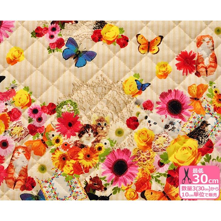 キルト 片ボーダー 猫 お花 蝶 HQ-3033-1 中わた入りキルティング 半針