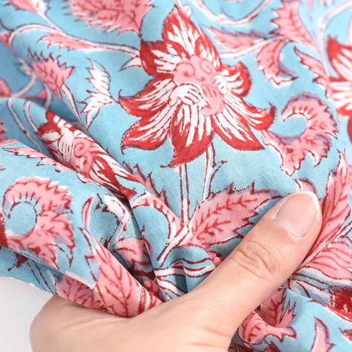 赤い花 ターコイズブルー インド綿 花柄 インド更紗 エスニック インド