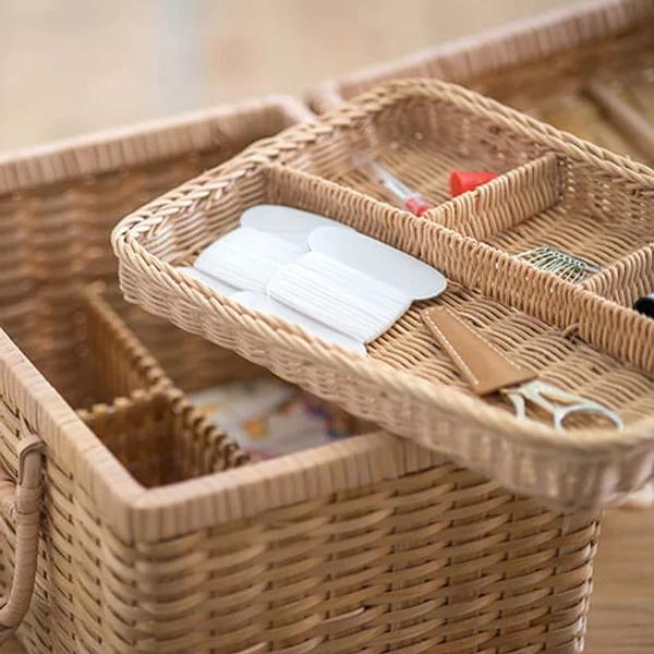 送料無料 ソーイングバスケット ラタン編みかご 道具カゴ（L）裁縫箱