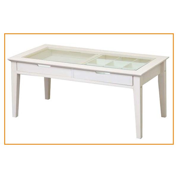 コレクションテーブル 白色 テーブル 引出し収納 木製ガラス