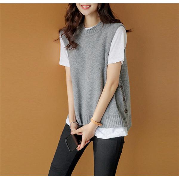 ベスト レディース ニットベスト ノースリーブ 春 プルオーバー サイドボタン 無地 薄手 ジレ 送料無料 セーター 海外正規品 リブ編み 重ね着 女 スリット