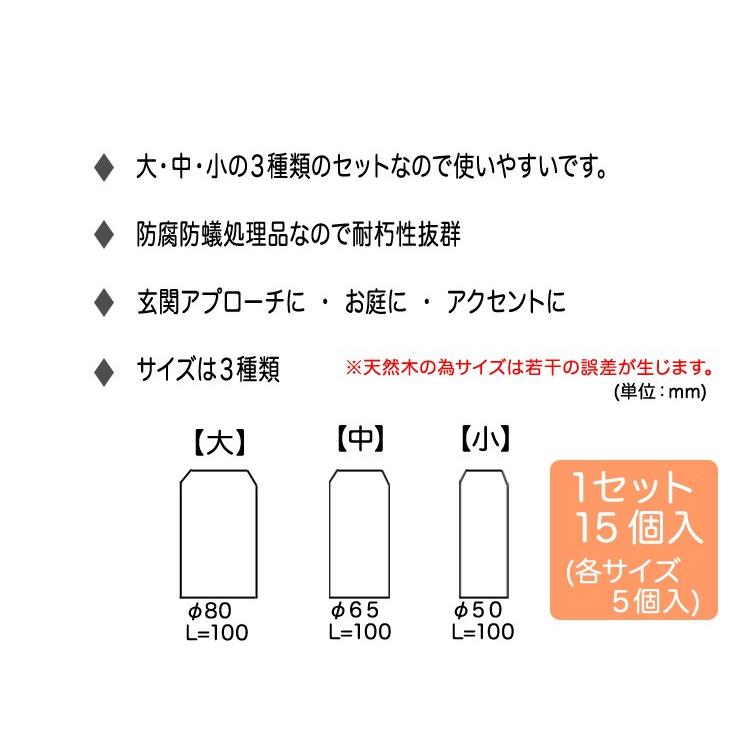 （ACQ国産杉丸太使用）木レンガ15個セット長さ100mm　φ50・65・80（木材/丸太/玄関アプローチ/花壇枠/仕切り/縁木/デザイン/模様）｜nakataniweb｜02