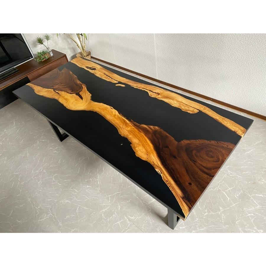 ダイニング BK モダン 幅200cm 天厚4cm 40601D 座卓可 現品限り 一点モノ 黒 一枚板 アウトレット 開梱設置送料無料 【民泊】