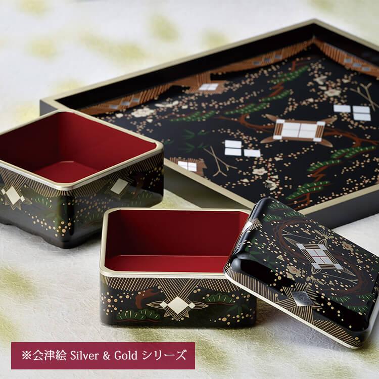 黒 11.0 正角盆 会津絵Silver&Gold(手描) お盆 トレー トレイ 会津塗り