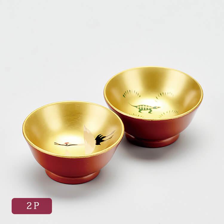 金地 1.8 小盃 2P 鶴亀(手描) 2客 酒器 天然木製 漆+ウレタン 合成塗料