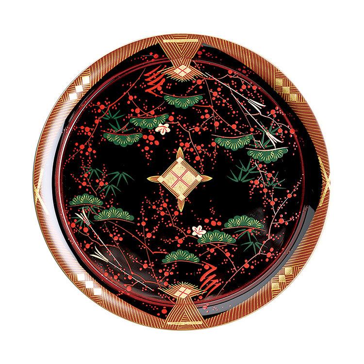 溜 6.0 羽反 丸皿 会津絵松竹梅(漆・手塗・手描) 天然木 (化粧箱入