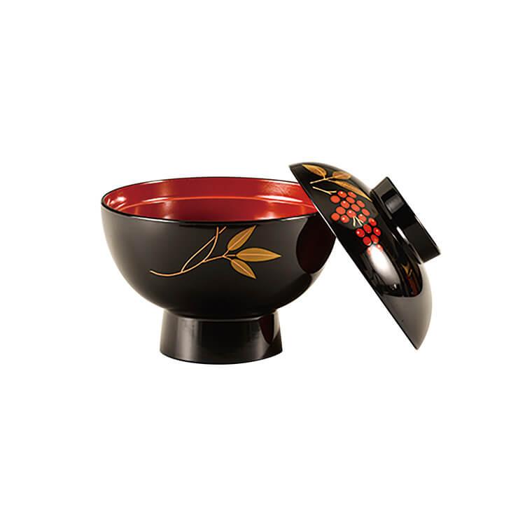 未使用品 雑煮椀 木製 黒内朱塗 松飾り 6組 お椀 汁椀 黒内朱 日の出松