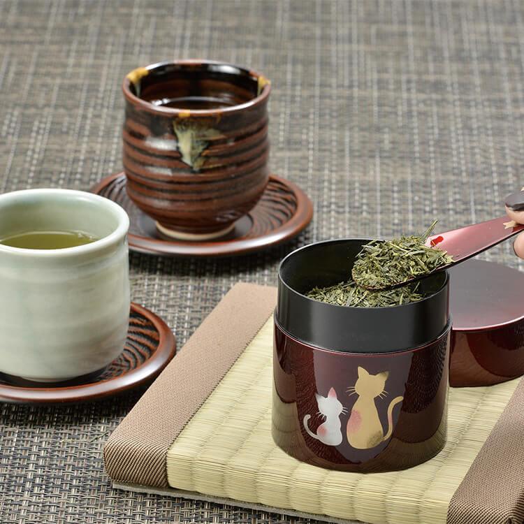 玉虫 茶筒 ねこ 全2種 ユリア樹脂製 カシュー塗装 猫 茶道具 会津漆器