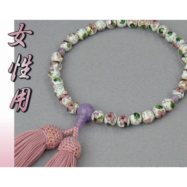数珠 女性用 七宝焼白 藤雲石 仕立 ８mm玉 正絹頭付房 灰桜 細桐箱入 送料無料 略式数珠 片手念珠 京念珠