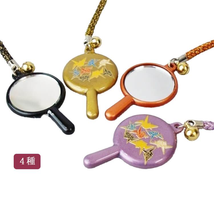 ミラーストラップ 蒔絵風 鶴 鈴付き 全4色 (ブラック