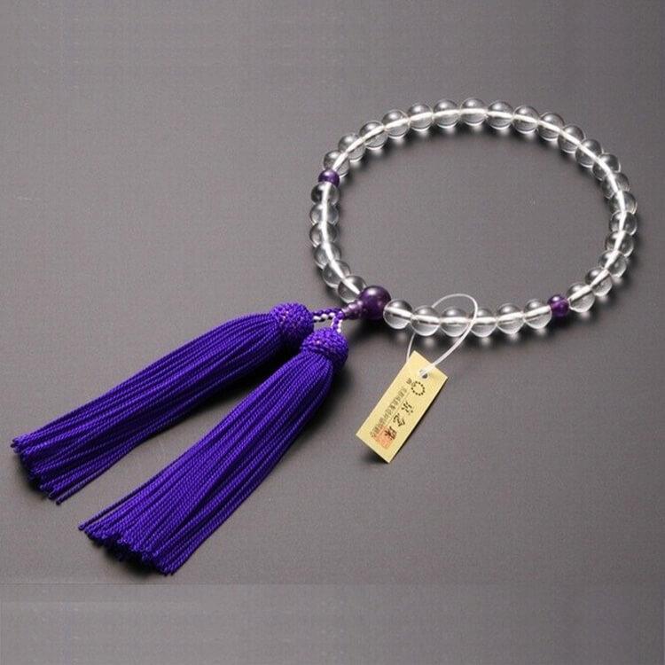 数珠 女性用 本水晶 紫水晶 仕立 8mm玉 正絹頭付房 紫 細桐箱入 送料 