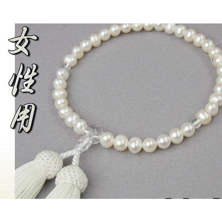 数珠 女性用 淡水真珠白 本水晶 仕立 8mm玉 正絹頭付房 白 細桐 数珠 女性用 淡水真珠白 本水晶 仕立 8mm玉 正絹頭付房 白 細桐