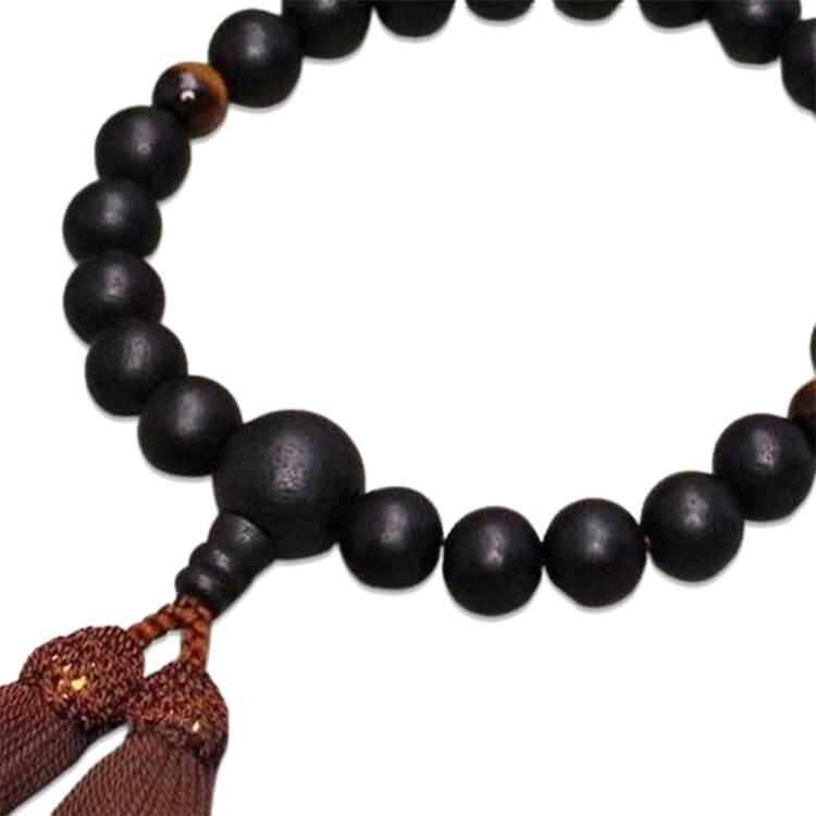 数珠 男性用 黒檀素挽き 虎目石 二天 22珠 人絹頭付房 こげ茶 箱なし 