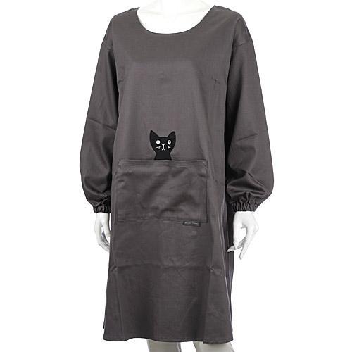 ATSUKO MATANO(マタノアツコ)かつらぎのひょっこり黒猫 背ボタン型かっぽう着 グレー《お買い物合計金額6,800円で送料無料》｜nakayaonline