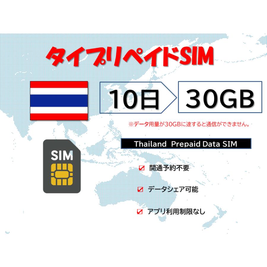 タイSIM プリペイドSIM データ容量30GB 10日プラン 4G/LTE対応 データ専用 SIMカード テザリング可能 海外出張 海外旅行 ...