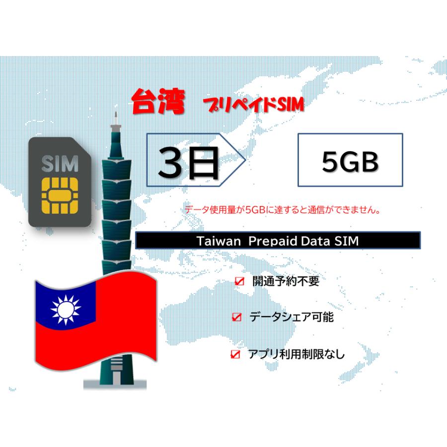 台湾SIM プリペイドSIM SIMカード データ容量5GB 3日プラン 4G/LTE対応 データ専用SIM 高速データ通信 テザリング可能 海外出張 海外旅行 短期渡航（Yahoo!・Nalati）