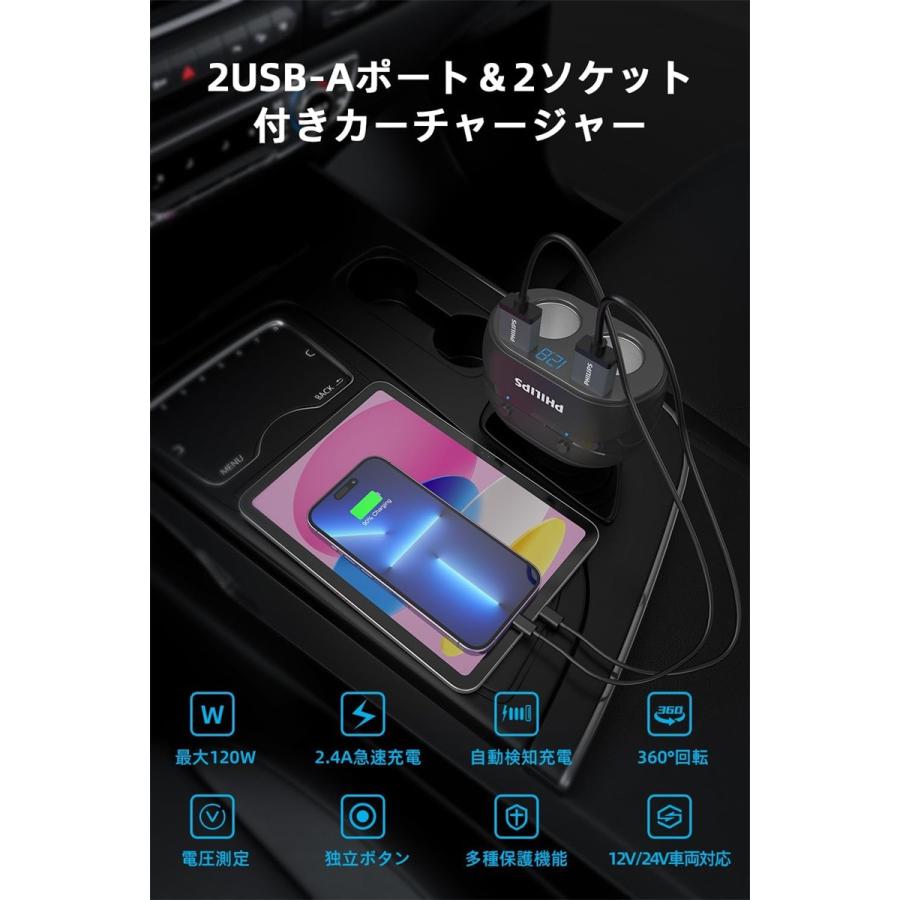 Philips（フィリップス） シガーソケット分配器 USB-A×2 シガー