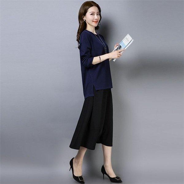 セットアップ レディース スカートスーツ Kl 春 上下セット チュニック ブラウス フレアスカート 無地 ゆったり 体型カバー 着痩 激安本物