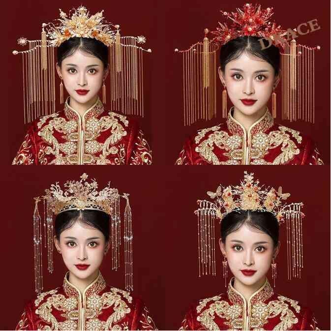 チャイナ風髪飾りセット タッセルティアラ 中国古代宮廷王冠 イヤリングセット 皇后王女風コスプレ道具 漢服唐装用ヘアアクセサリー 舞台ステージグッズ 翌日発送可能