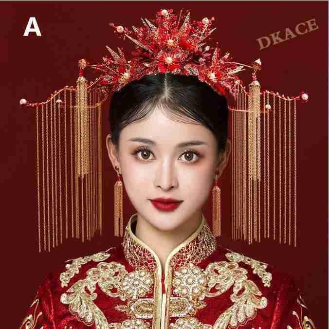 チャイナ風髪飾りセット タッセルティアラ 中国古代宮廷王冠 イヤリングセット 皇后王女風コスプレ道具 漢服唐装用ヘアアクセサリー 舞台ステージグッズ 翌日発送可能