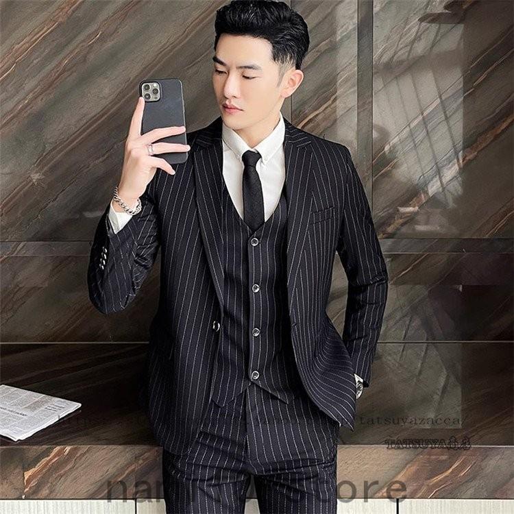 ファッションの通販 ウォッシャブル ストライプ ビジネス メンズスーツ ジャケット パンツ ベスト メンズスーツ ビジネス 3ピーススーツ 30代40代 パーティー 結婚式 紳士用 秋冬 大きいサイズ 通勤 二次会 ビジネススーツ Aliuminium Lt