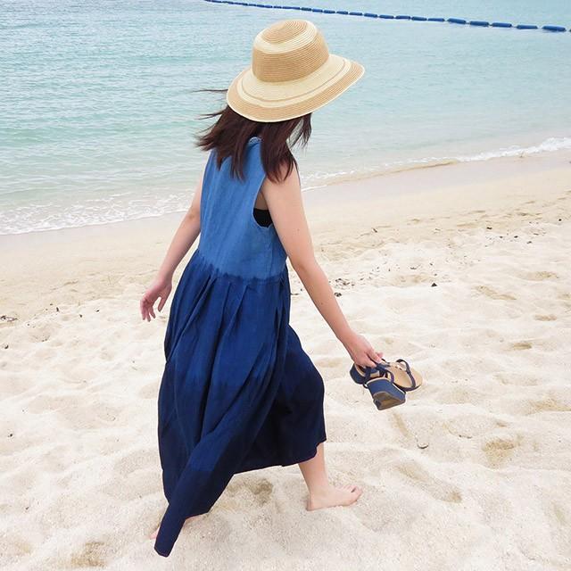 クーポン発行 琉球藍染め ノースリーブ ウエスト切替えワンピース レース付き 綿麻混紡 お洒落 Www Yalaphone Com