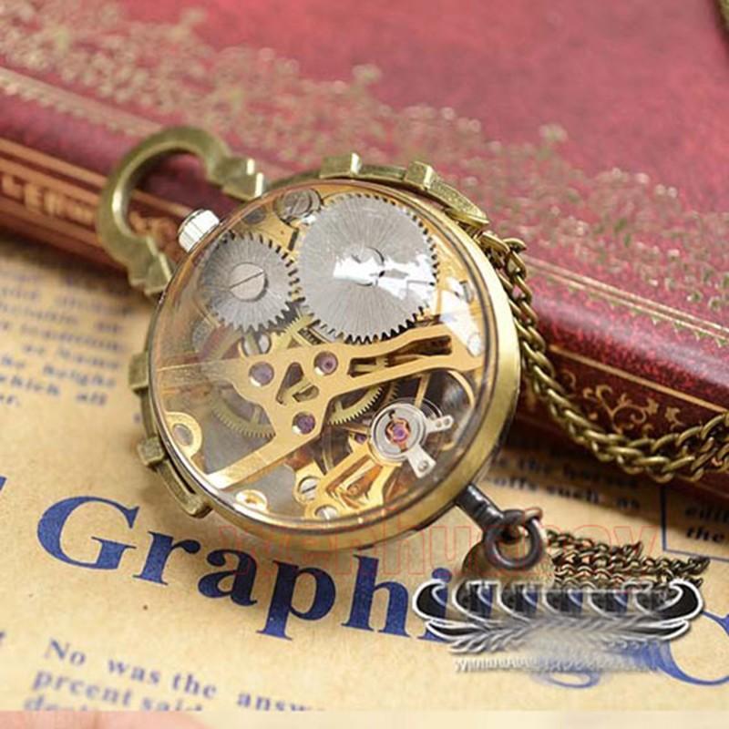 懐中時計 機械式 透明 ペンダントネックレスチェーン Bronze - 懐中時計