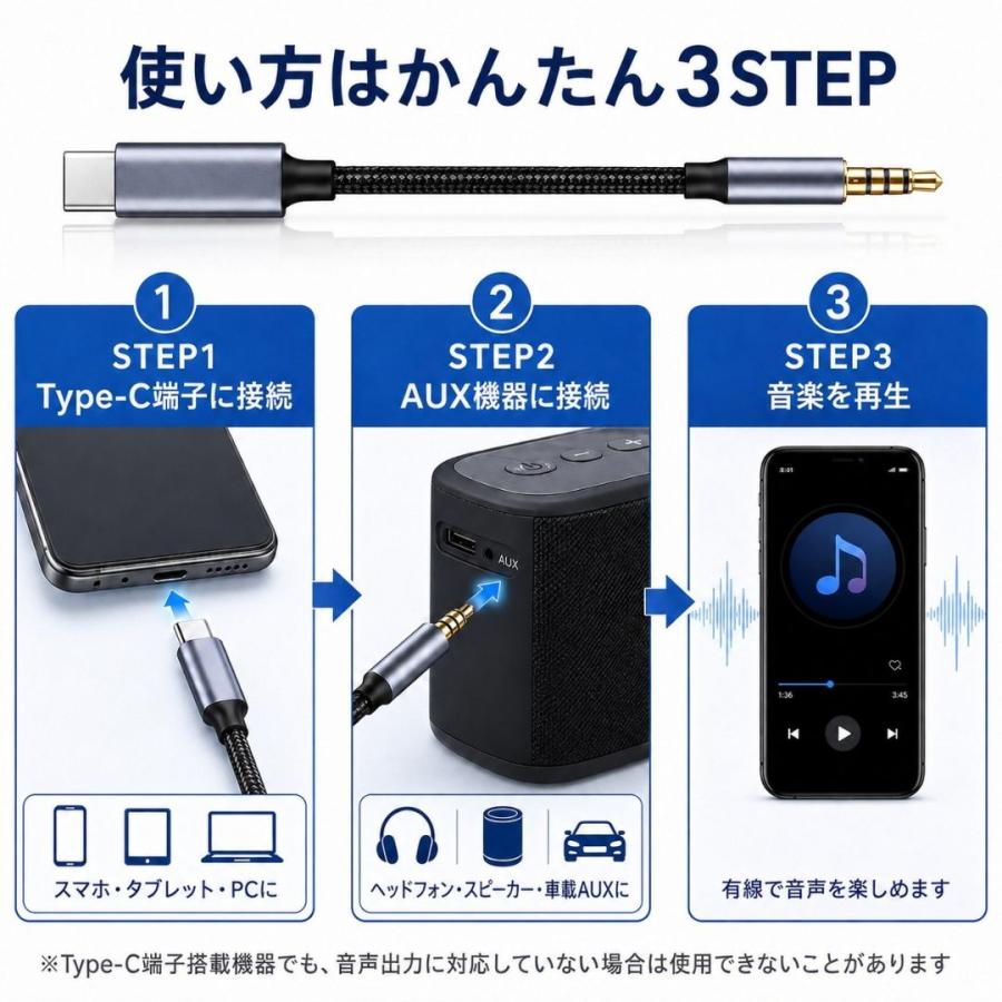 タイプC オーディオ ケーブル 2m Type-C to AUX 3.5mm 4極 変換