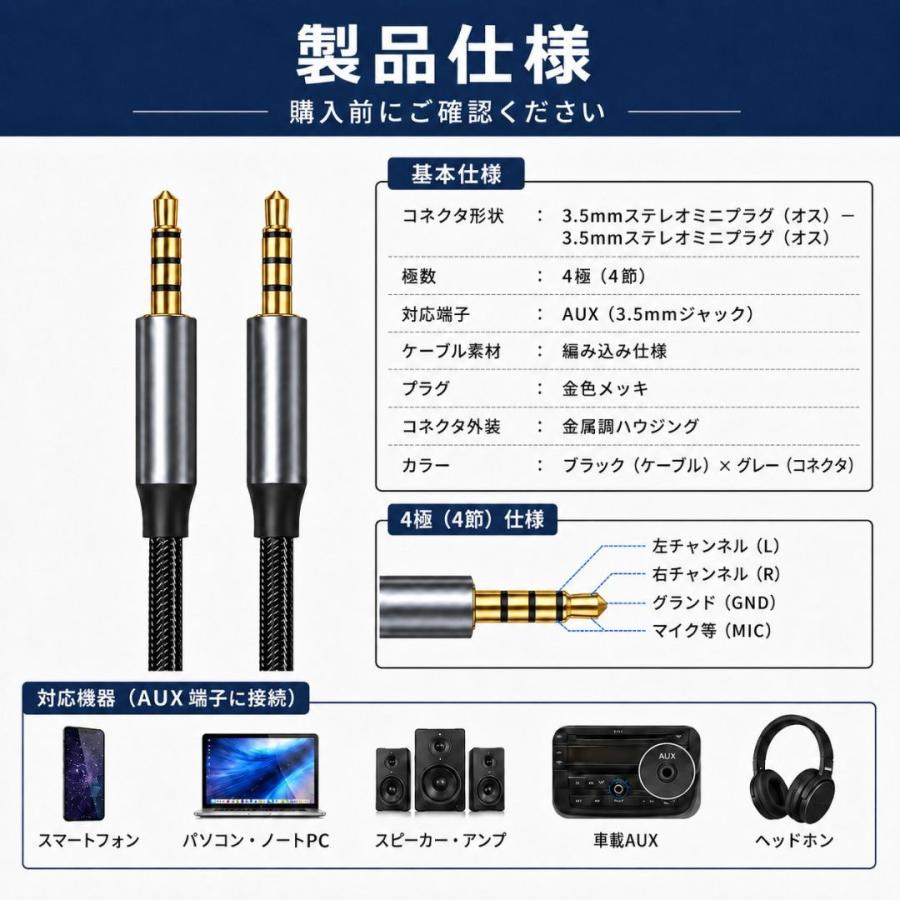 オーディオケーブル 3.5mm 2m オス AUXケーブル 4極 3.5mmジャック対応