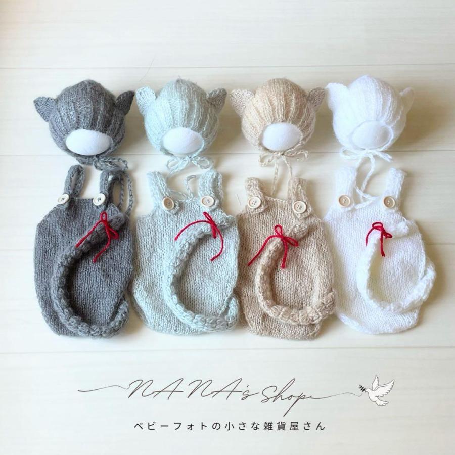 ニューボーンフォト 衣装 ねこボンネット しっぽつきロンパース 帽子